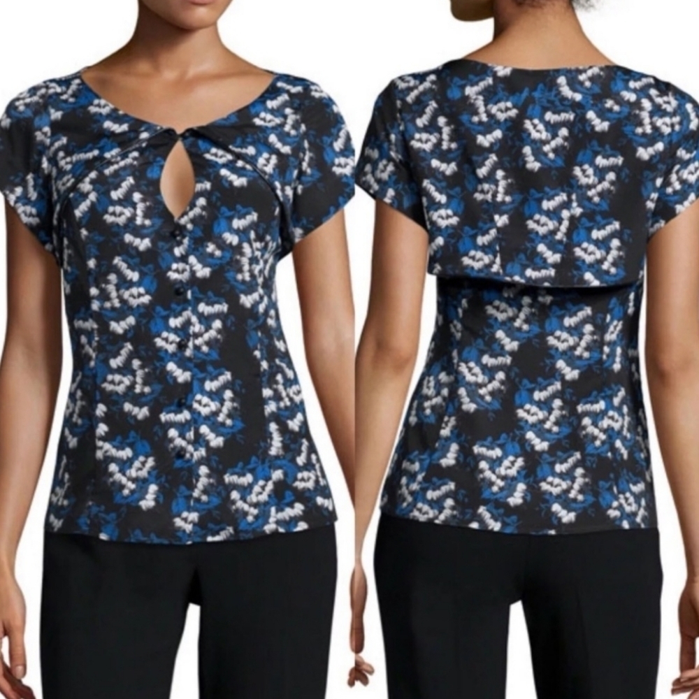 Zac Posen White Flower Blue Black Keyhole Button Up Blouse SZ 2